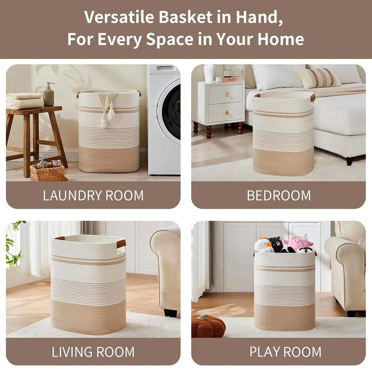 panier linge blanc rayures moderne poignées cuir tassel réutilisable polyester chambre salon