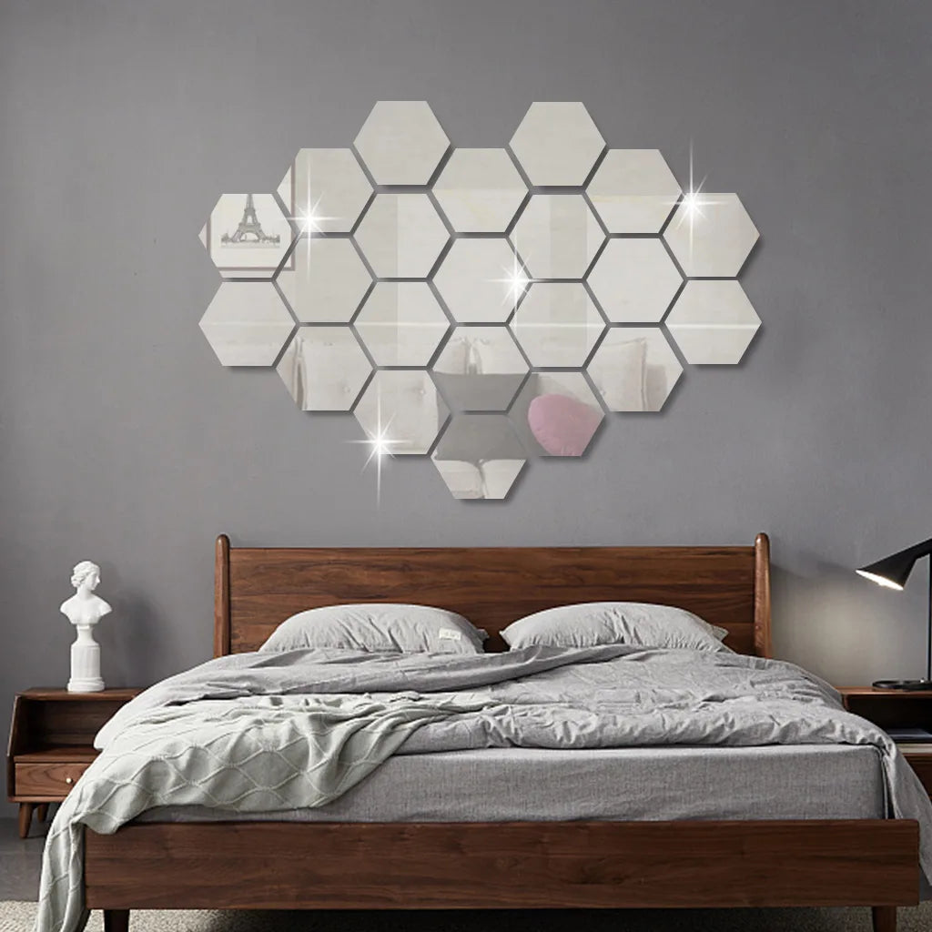 miroir hexagonal acrylique adhésif mural décoratif mosaïque brillant argenté doré gris clair moderne