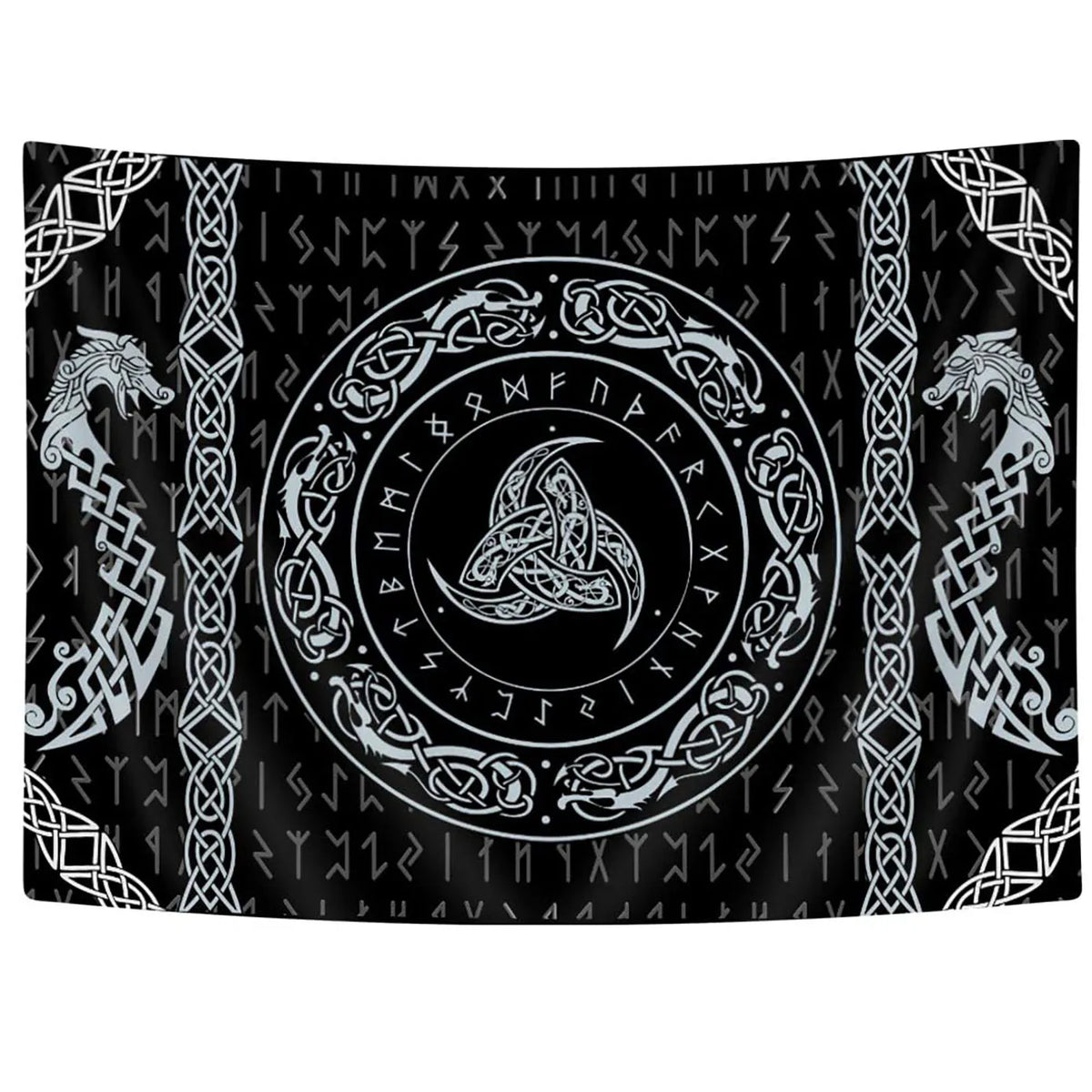 tapisserie art celtique motifs géométriques noirs blancs arbre vie runes oiseaux nordique salon