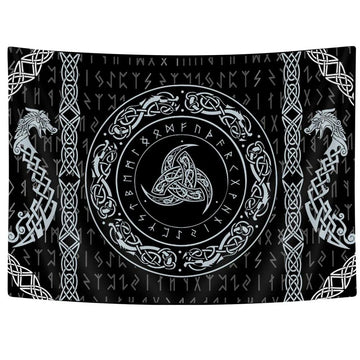 tapisserie art celtique motifs géométriques noirs blancs arbre vie runes oiseaux nordique salon