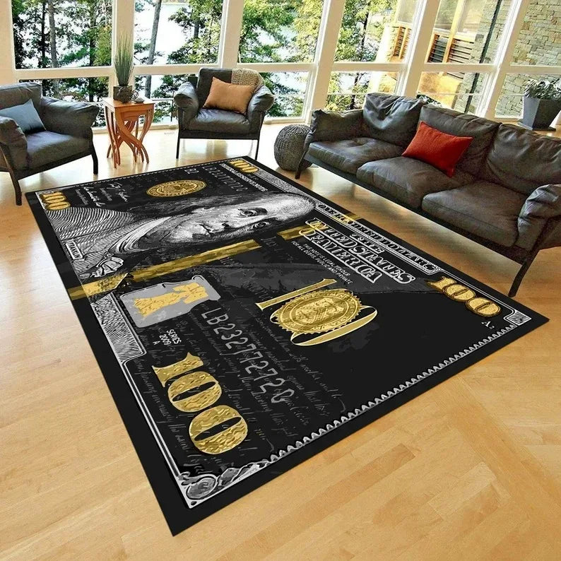 tapis sol moderne motif billets cent dollars américains noir blanc doré