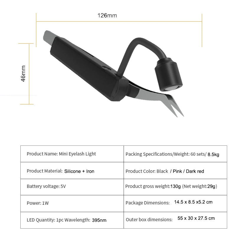 lampe uv led rechargeable noir rose clair clips tweezers intégrés application cils moderne pratique
