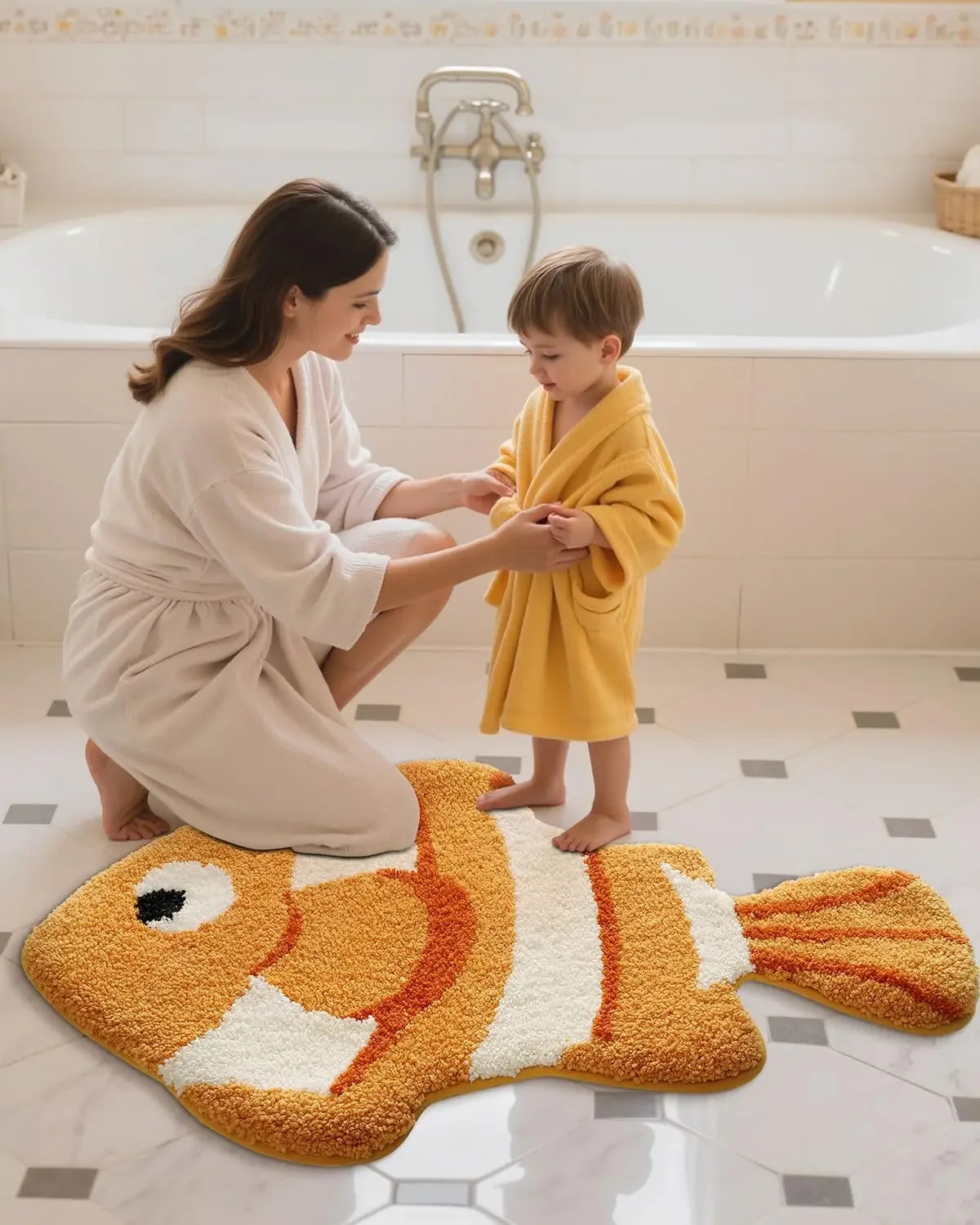 tapis bain imperméable peluche coquillage ours polaire poissons clowns gris blanc