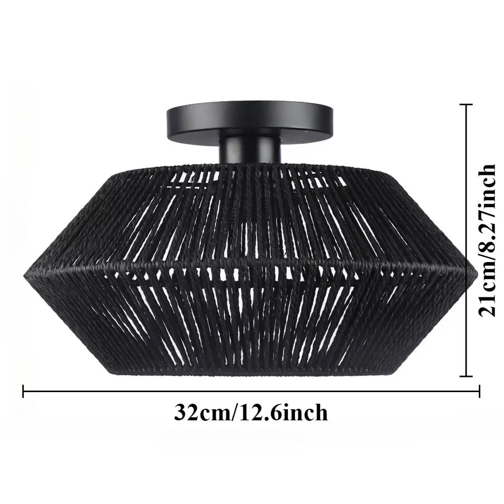 lampe suspendue moderne rustique tissée bambou naturel cadre métallique noir cuisine chambre coucher salle