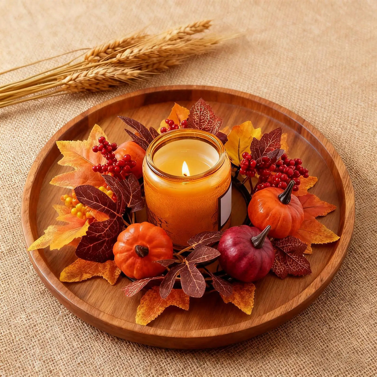 décoration automne feuilles d'érable citrouilles bougies décoratives extérieures orangées rouges jaunes vertes saisonnières