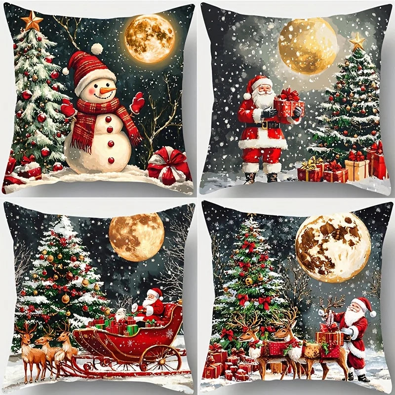 housses d'oreiller noël santa rennes arbre cadeaux lune flocons polyester fermeture éclair machine 45cm