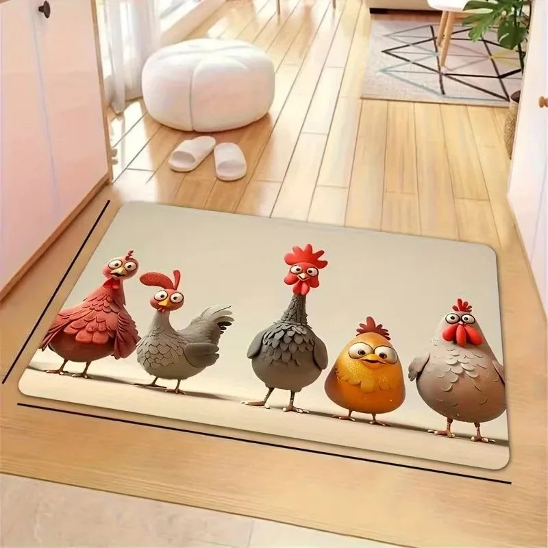 tapis sol antidérapant polyester poules colorées moderne salon chambre kitchen beige gris orange rouge