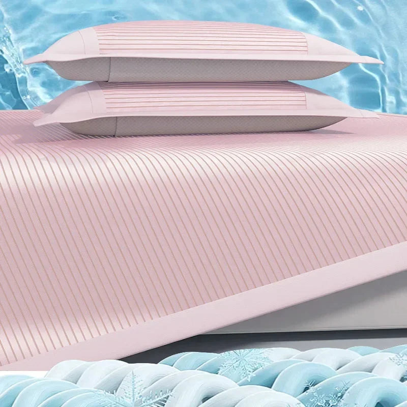 ensemble protège matelas coton viscose rose clair rayures verticales moderne lit chambre dormir doux