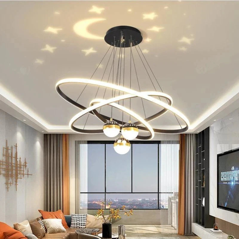 suspension lumineuse moderne or blanc anneaux superposés intérieur chambre salon