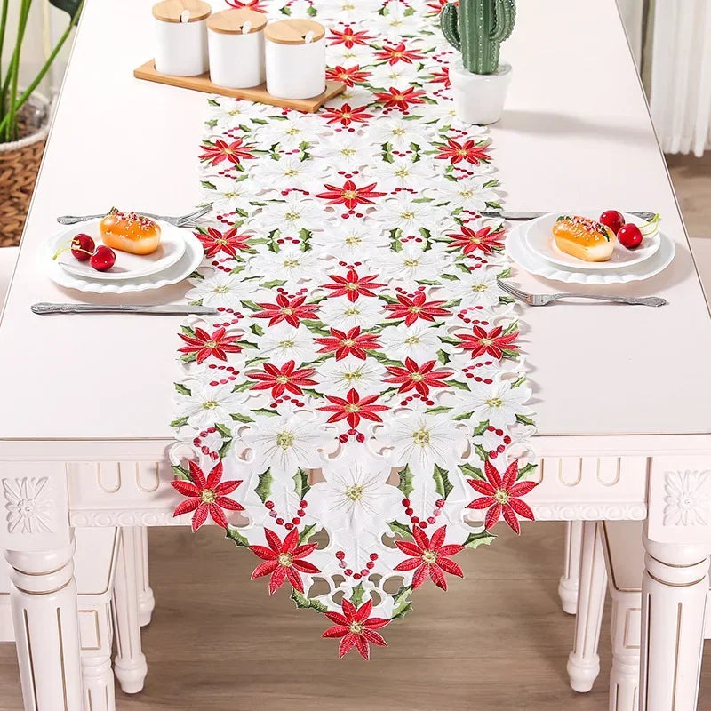 table table noël brodée fleurs poinsettia houx dorées maison hotelDecoration festive traditionnelle polyestère