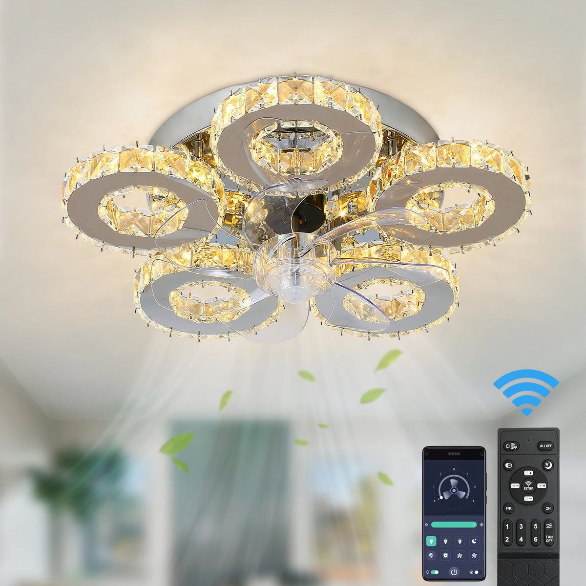 plafonnier led cristal moderne ventilateur transparent argenté élégant télécommande certifié ul cec FCC