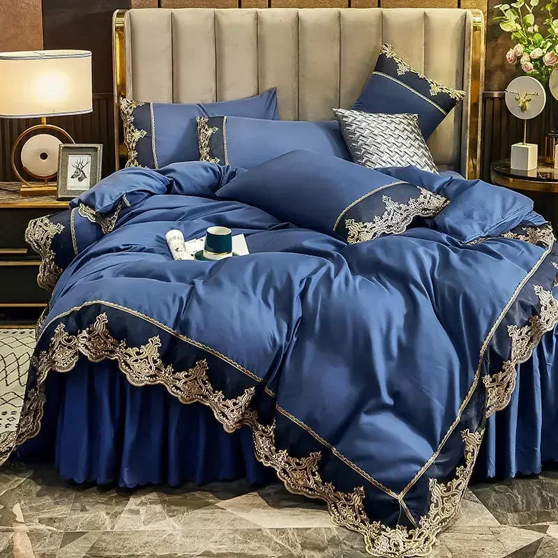 ensemble literie complet couvre lit bleu marine broderie dorée drap taies oreiller classique