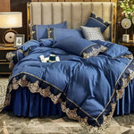 ensemble literie complet couvre lit bleu marine broderie dorée drap taies oreiller classique