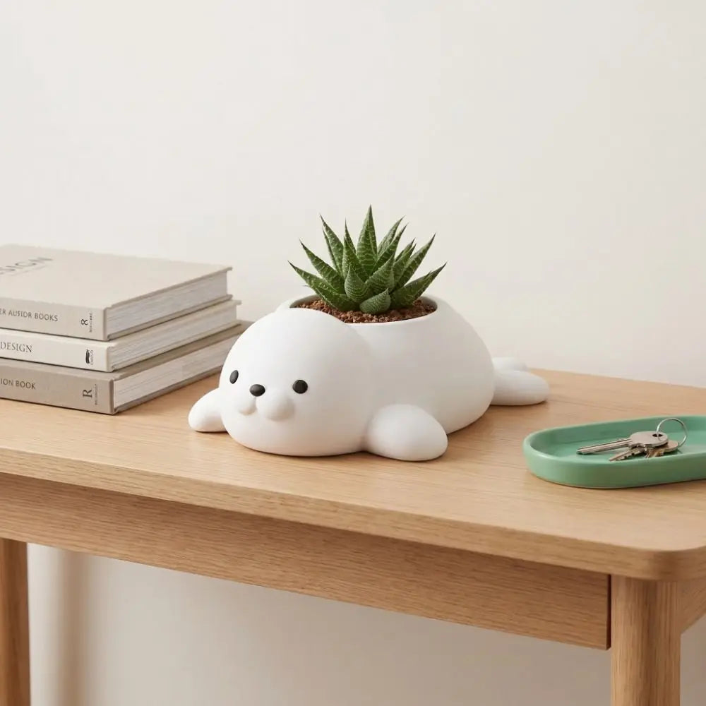 porte bijoux blanc pot phoque décoration intérieure bac plantes vertes animalier minimaliste