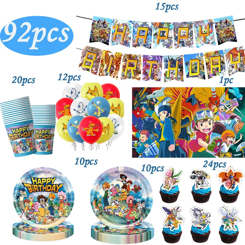 accessoires fête digimon thème anniversaire assiettes gobelets ballons guirlande decorations gâteau happy birthday