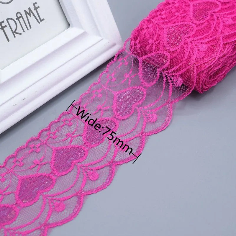 ruban dentelle polyester largeur 75mm couleurs rouge rose vert bleu motifs floraux classique