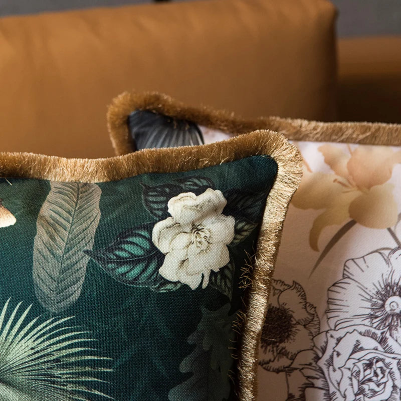 housse coussin coton fleur blanche motif floral vert beige élégante décorative carrée 45x45cm 55x55cm