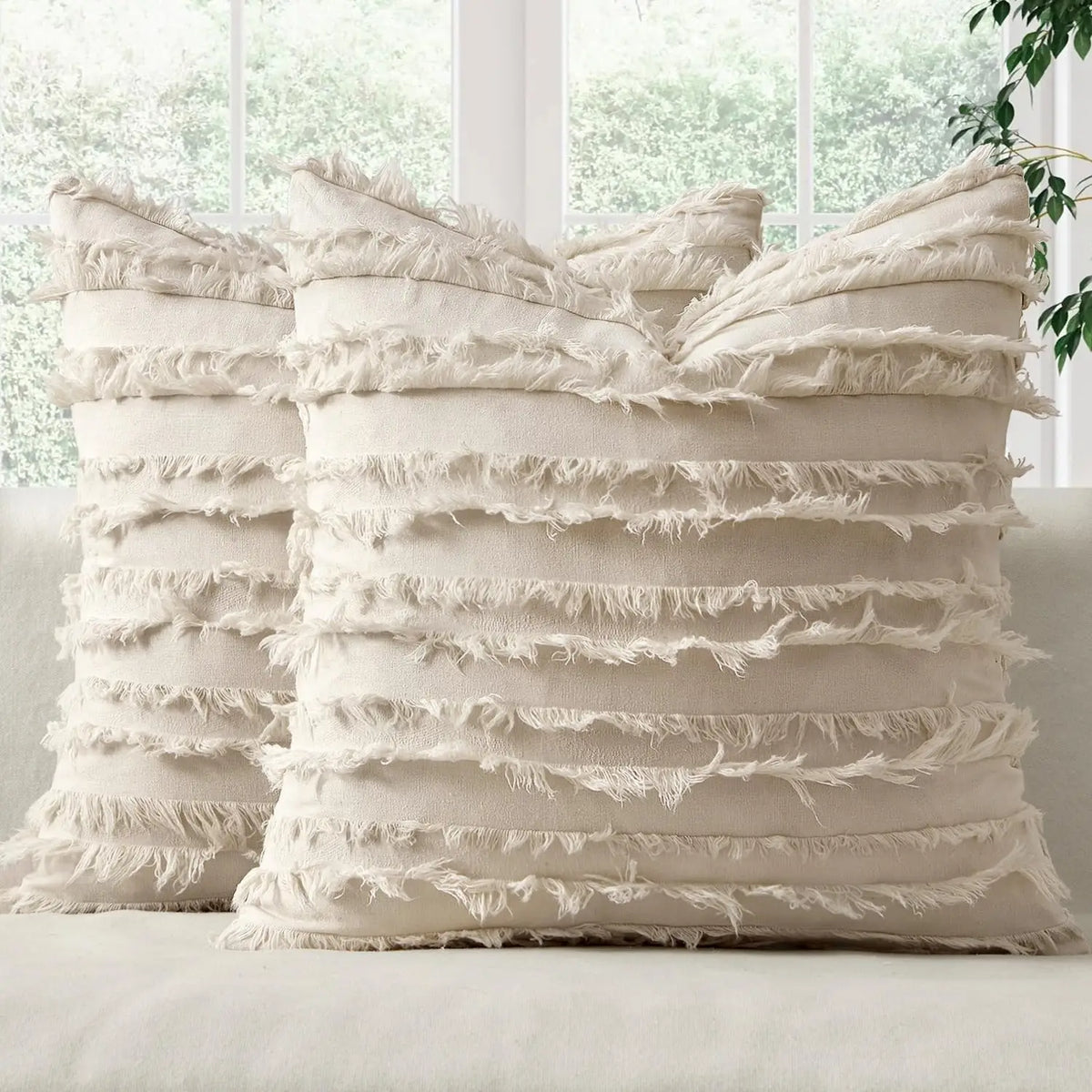 housses coussins boho chic beige franges opacité jacquard respectueux environnement non toxique moderne canapé