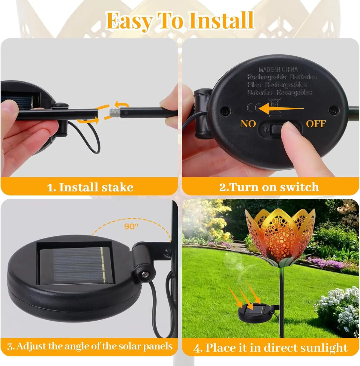 lampe solaire décorative fleurs stylisées orange doré moderne cristaux led autoinstallation patio