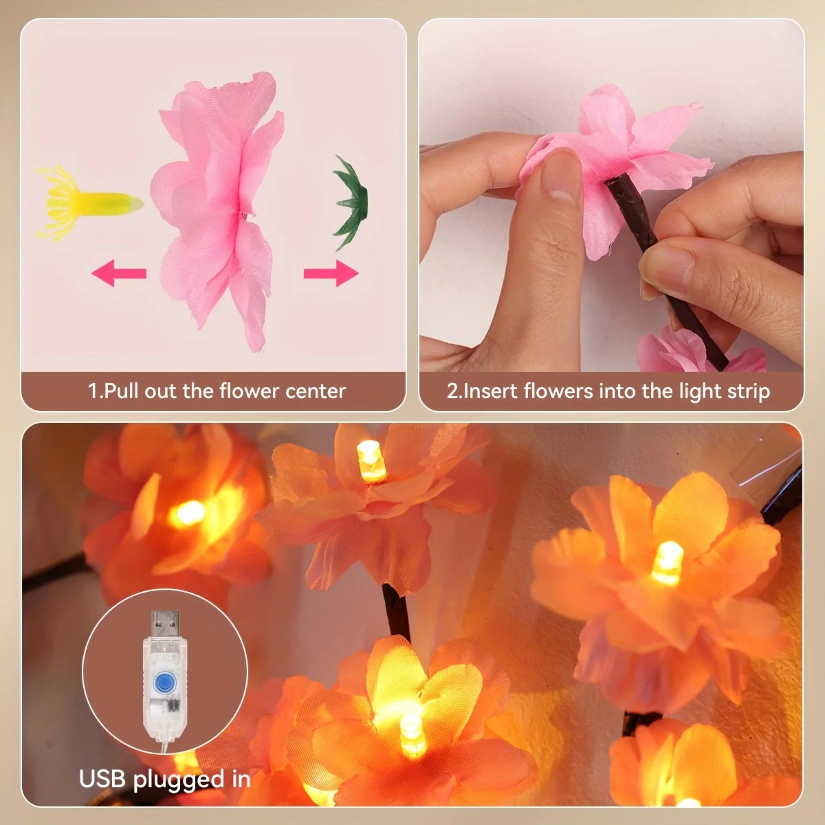 guirlande lumineuse fleurs amovibles rose branches décoratives intérieur vacances romantique floral zen