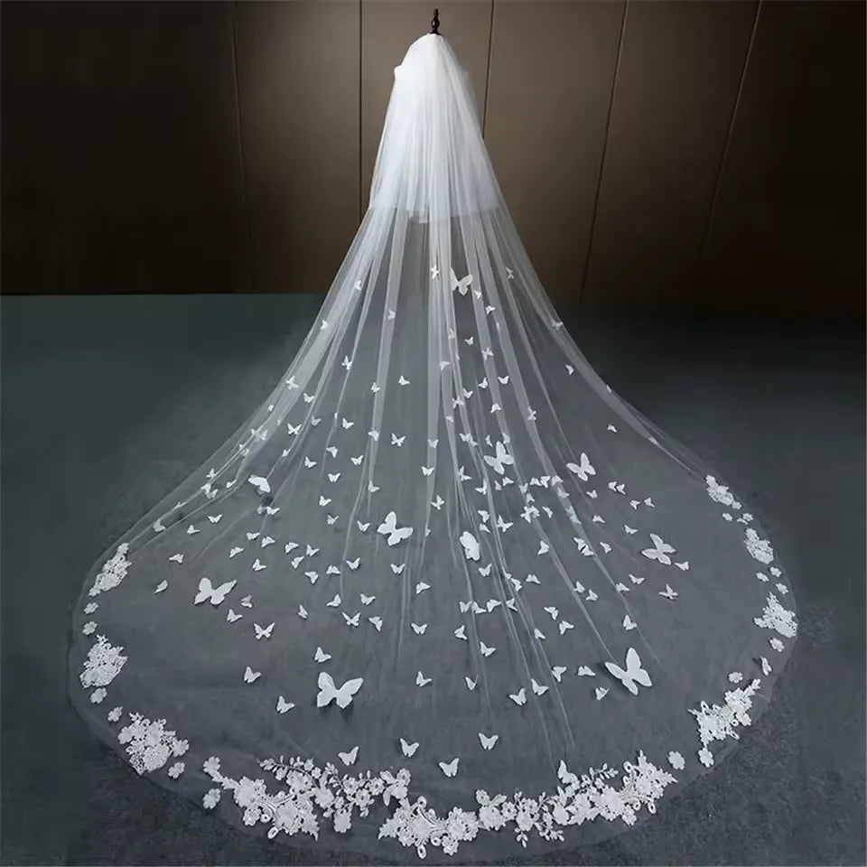 voile mariée blanc bordure fleurs papillons 3d dentelle translucide classique romantique