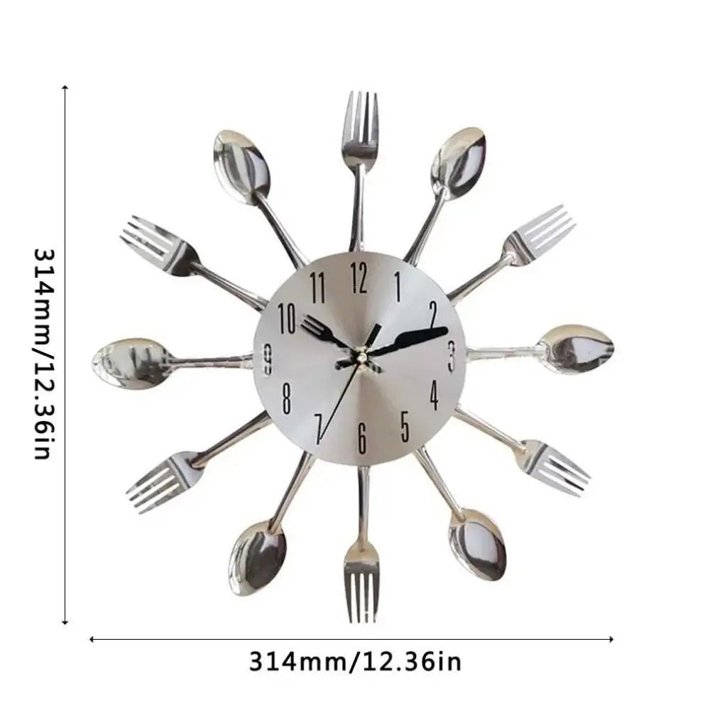 horloge murale moderne argentée forme cuillère fourchette unique