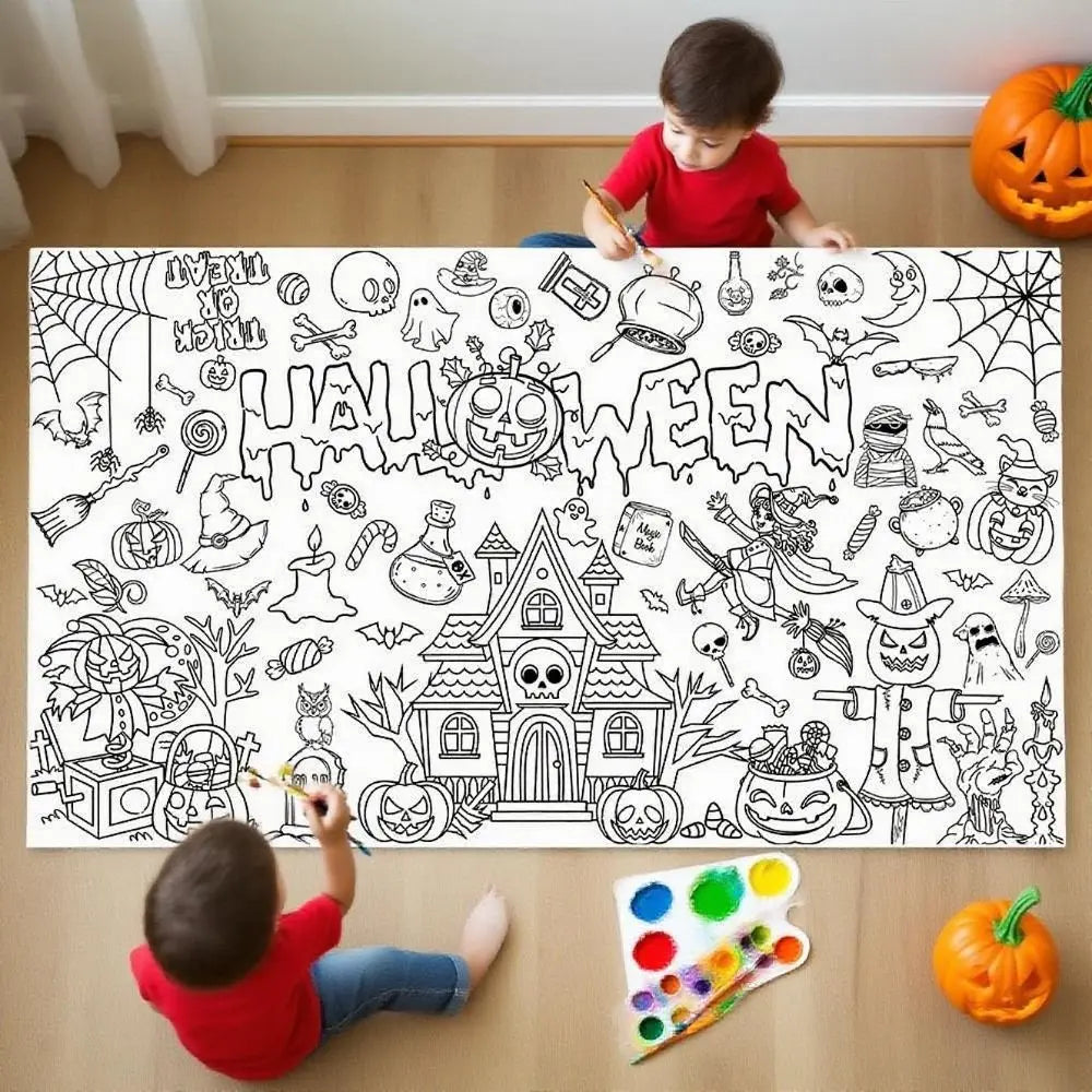 tableau colorier halloween fantômes citrouilles sorcières dessin animé blanc opacité crayons palette