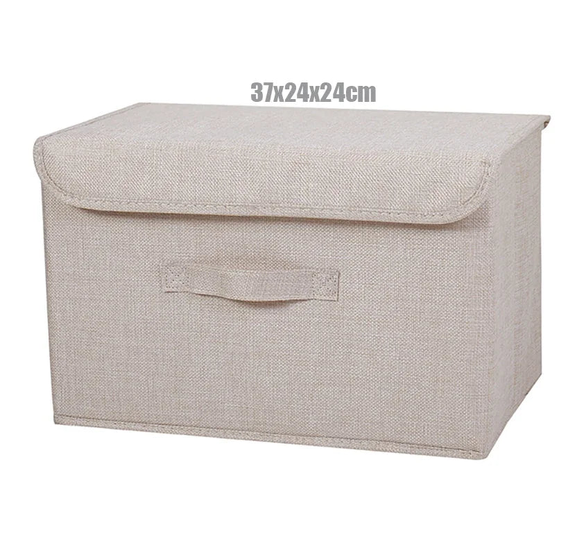 boîte rangement pliable tissu lin gris beige couvercle poignées vêtements