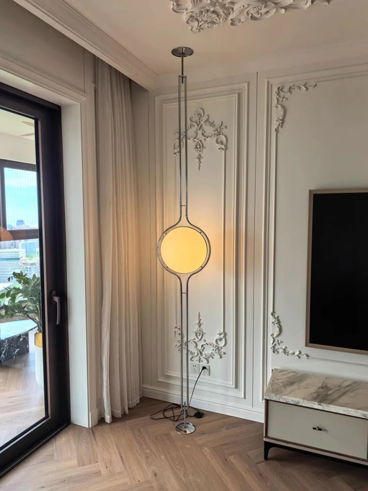lampadaire sol moderne chrome blanc globe sphère translucide led salon chambre contemporain