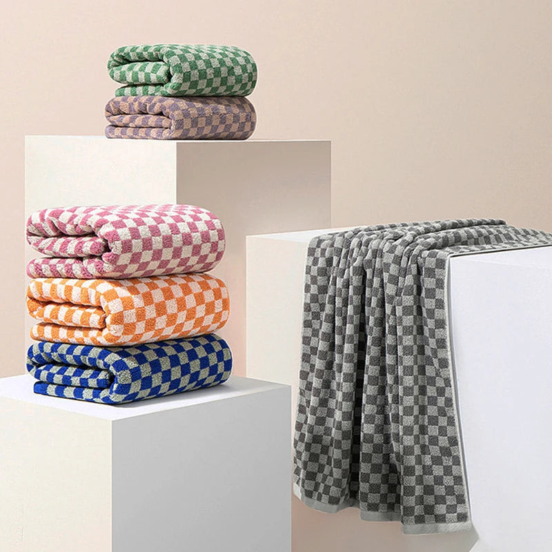 serviettes bain coton carreaux violet orange vert gris rapide moderne