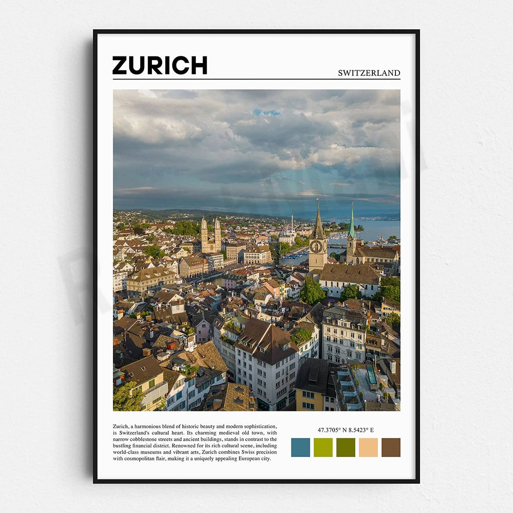 L'image montre une vue aérienne de Zurich, la ville la plus peuplée de Suisse. On peut y voir les toits et les clochers caractéristiques de la vieille ville, contrastant avec les bâtiments plus modernes du centre-ville, le tout baigné dans une lumière dramatique.