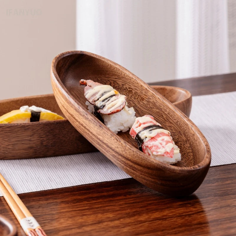 assiettes ovales bois marron foncé sushi plate rustique naturel tableware cuisine