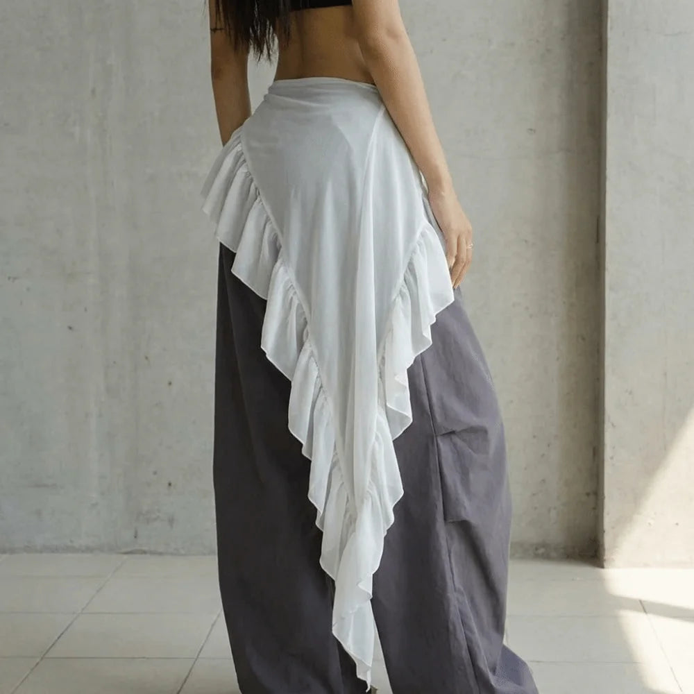 jupe asymétrique volants noir blanc léopard transparente bohème minimaliste liens nouer pantalon ample