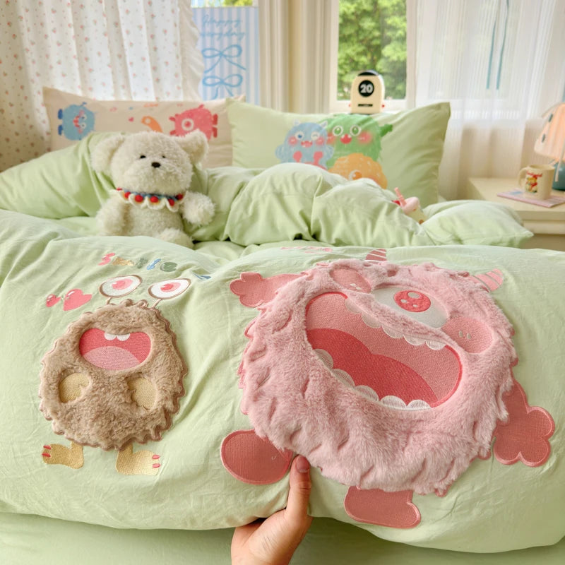 parure lit enfant fille rose chat mignon housse couette drap taies oreiller coton