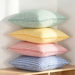 taies d'oreiller carreaux douces moderne confortables lit maison couleurs vert jaune rose orange beige