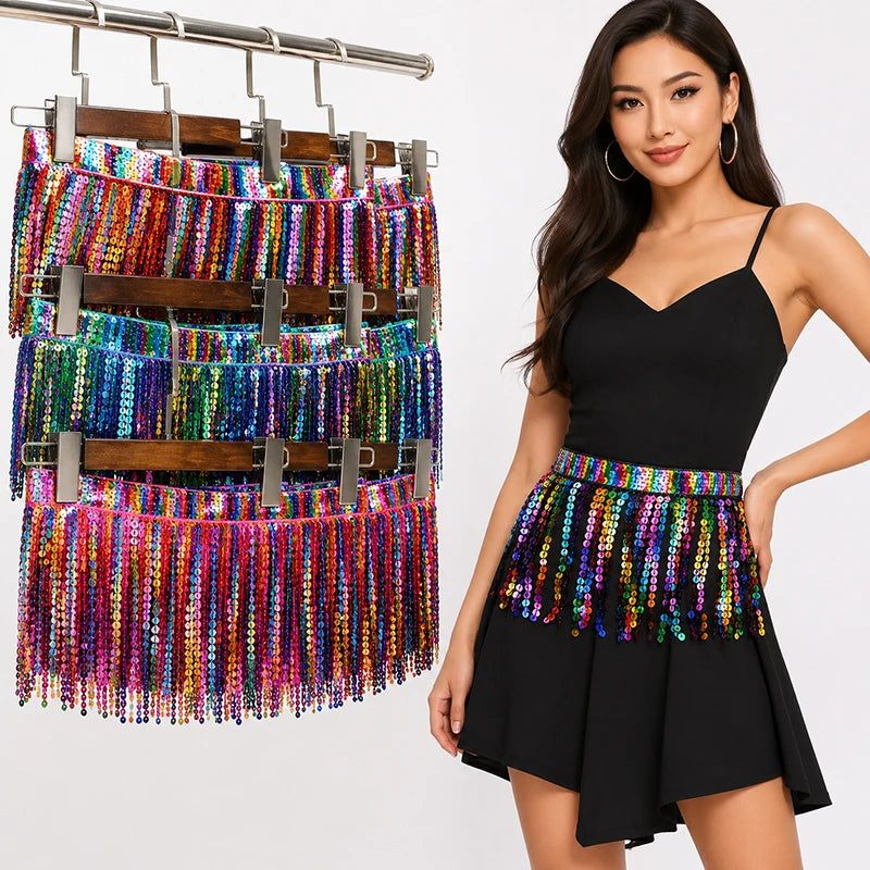 frange pailletée multicolore dentelle perlée élastiquée jupe élégante décoration vêtement textile maison DIY