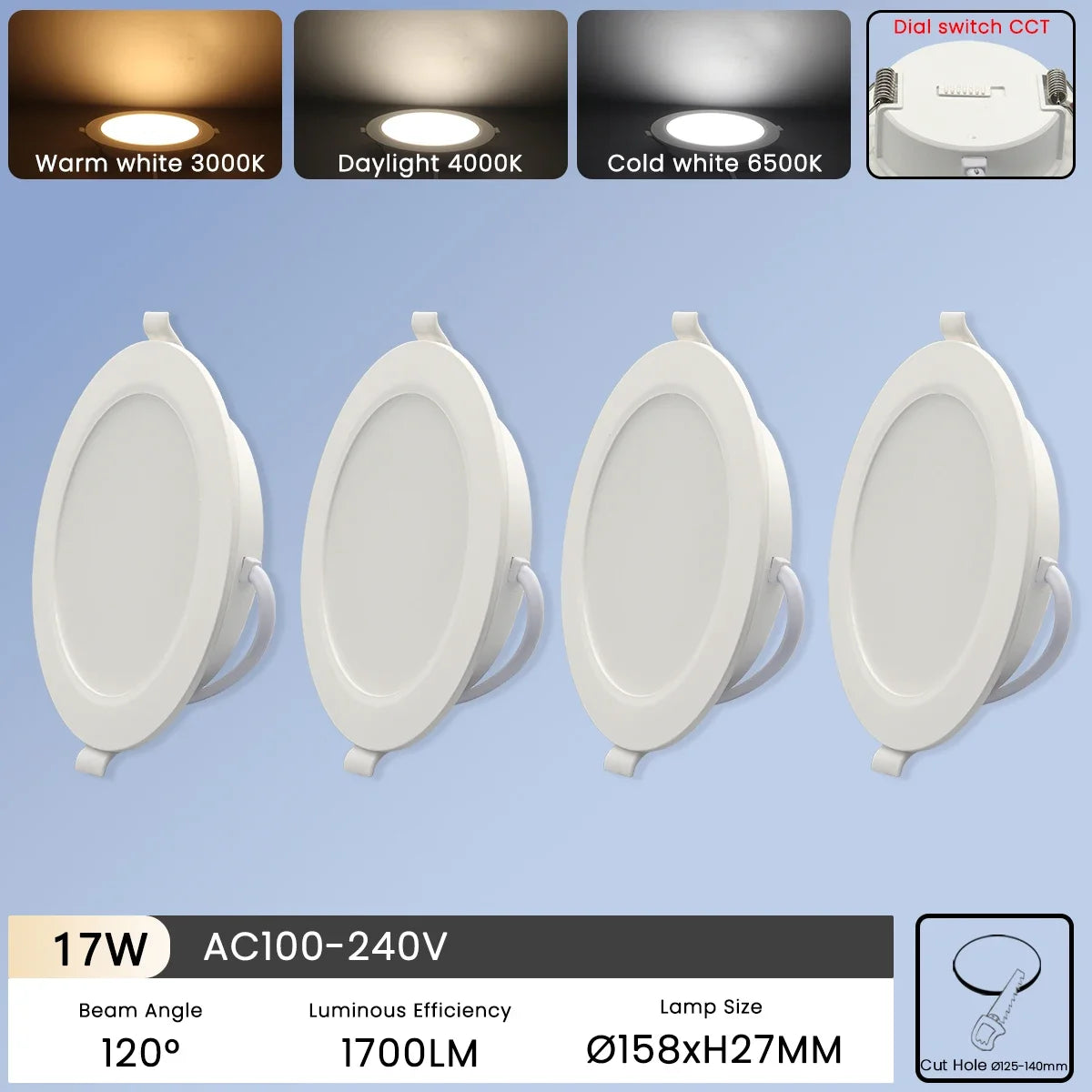 spots led encastrables blancs modernes 120° clips fixation 100lm/w 10w 24w 2.5c 8c
