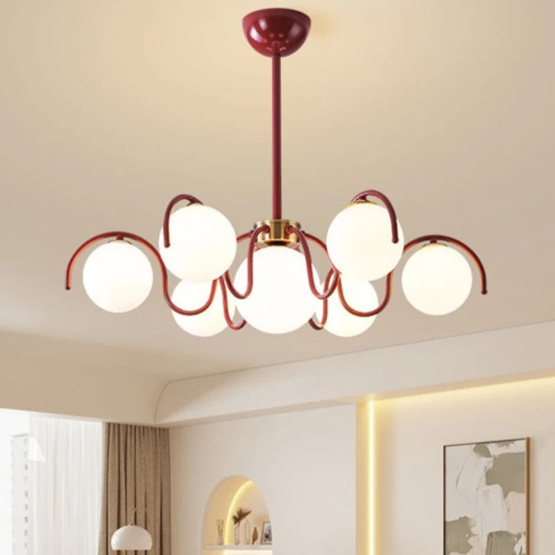 Suspension lumineuse moderne sphères translucides rouge doré blanc salon chambre