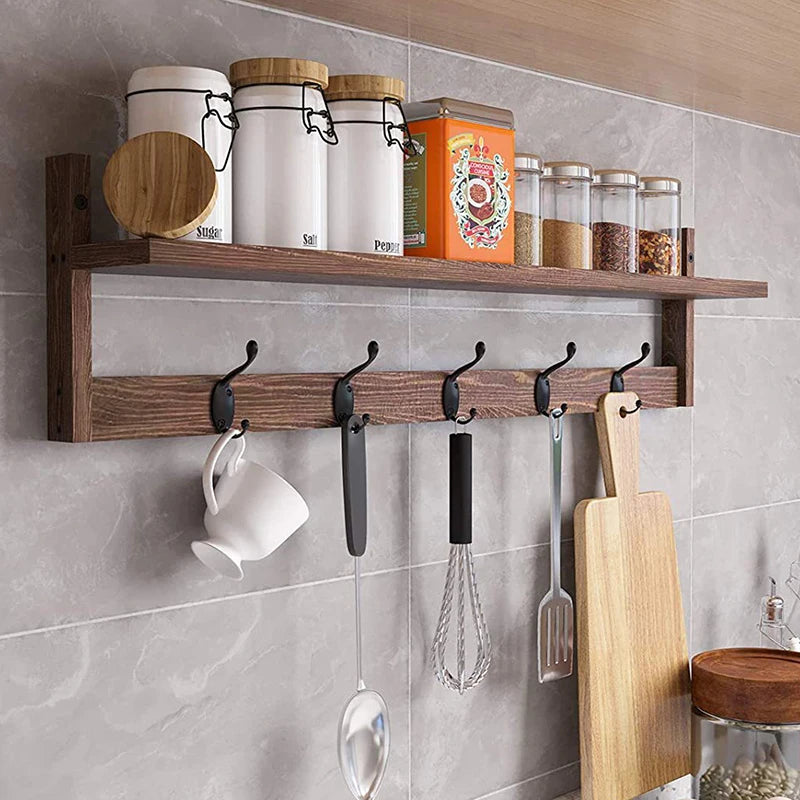 étagère murale bois marron moderne crochets vis fixations support rangement cuisine salle bain