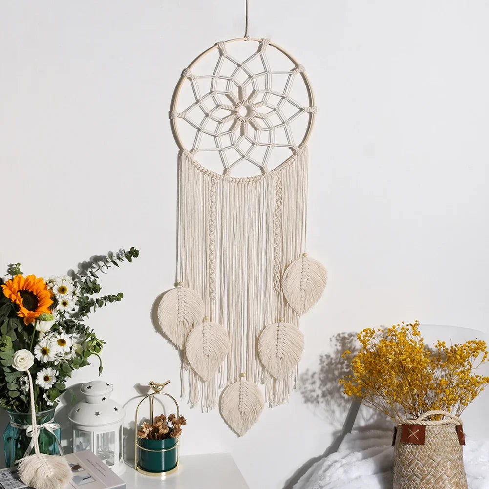 décoration murale attrape rêves macramé feuilles boho chic crochet textiles moderne maison salon