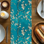 drapeau table lin bleu turquoise fleurs blanches moderne floral 30x45cm 90x120cm 150x180cm