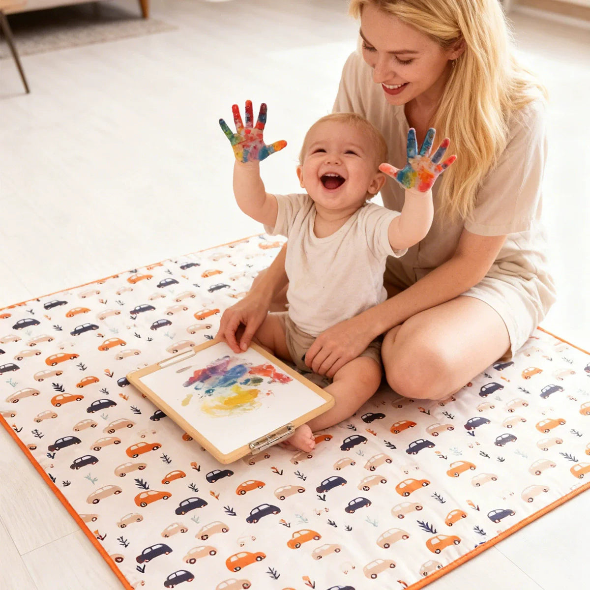 tapis imperméable anti dérapant voitures rayures dinosaures fleurs moderne enfantin blanc orange bleu vert