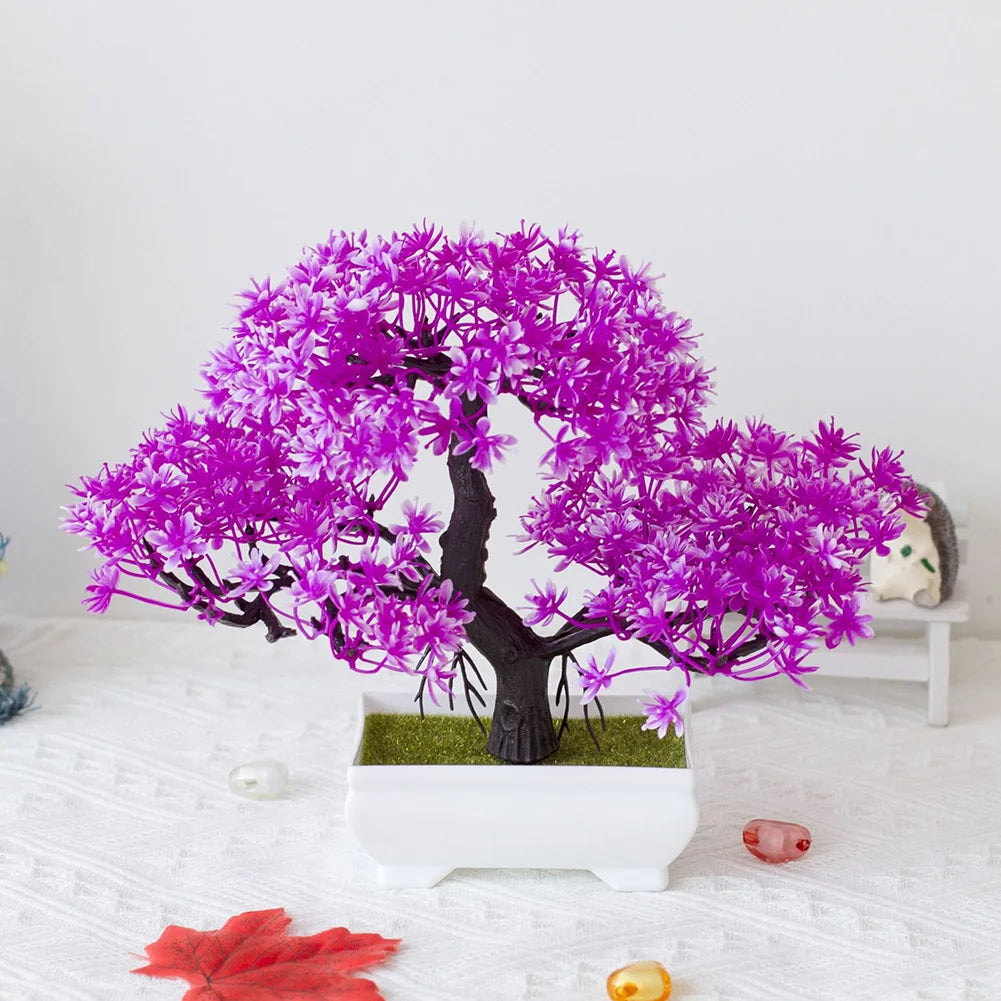 décoration intérieure bonsaï artificiel rouge rose jaune vert feuilles fines tronc noir base carrée