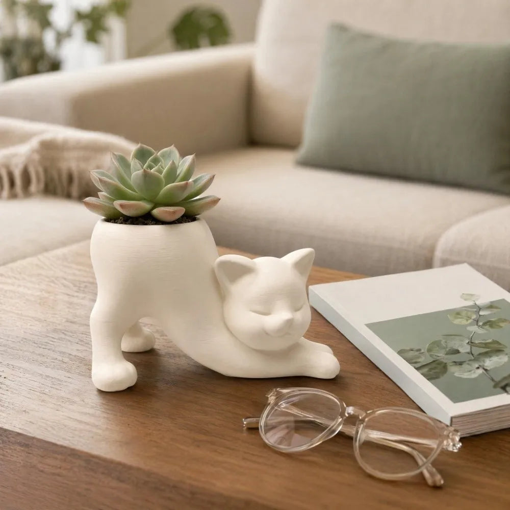 pot fleurs forme chat blanc animalier minimaliste bac pepiniere mat surface lisse mate opacite
