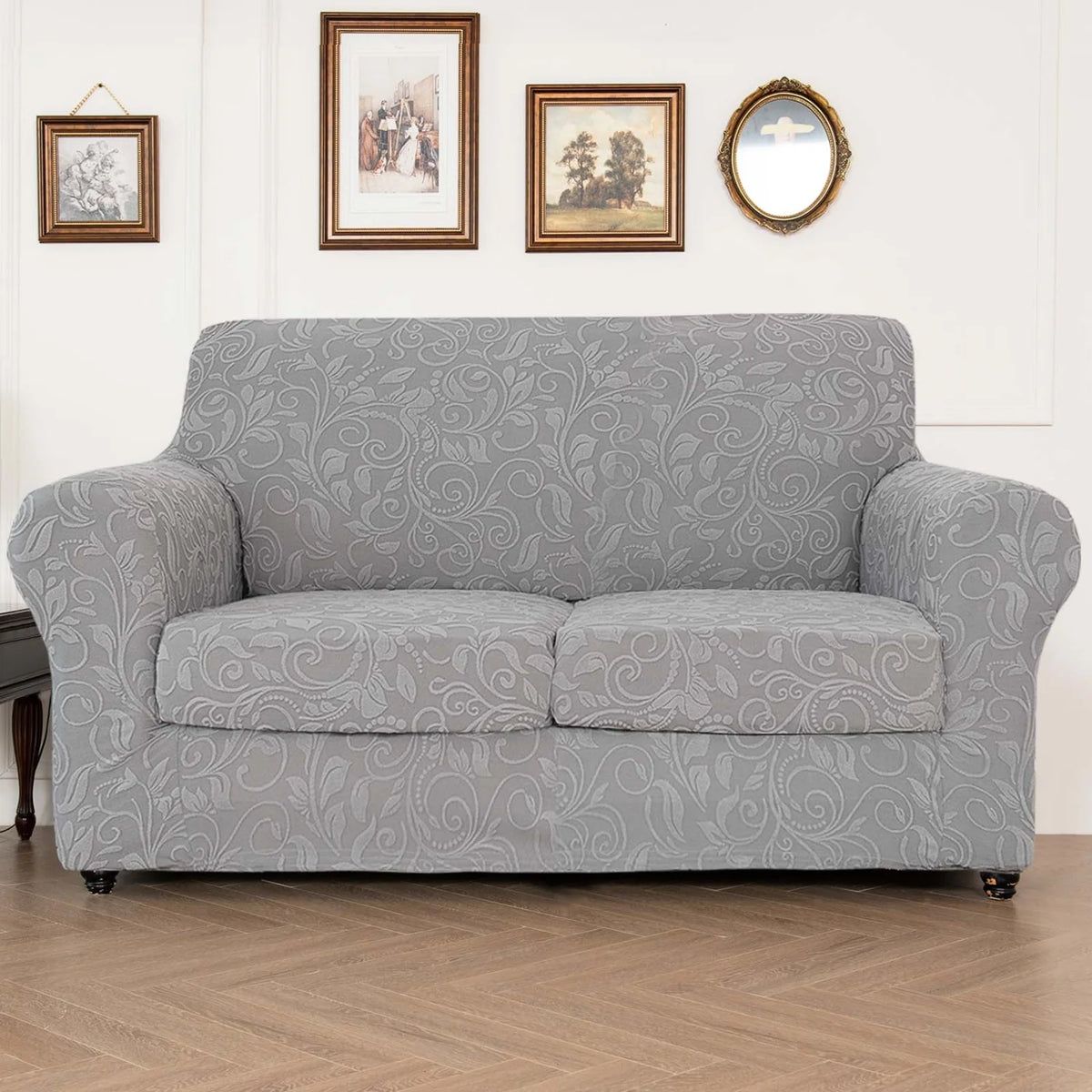 housse canapé gris clair motif floral moderne boutons élégants coussin inclusversible machine