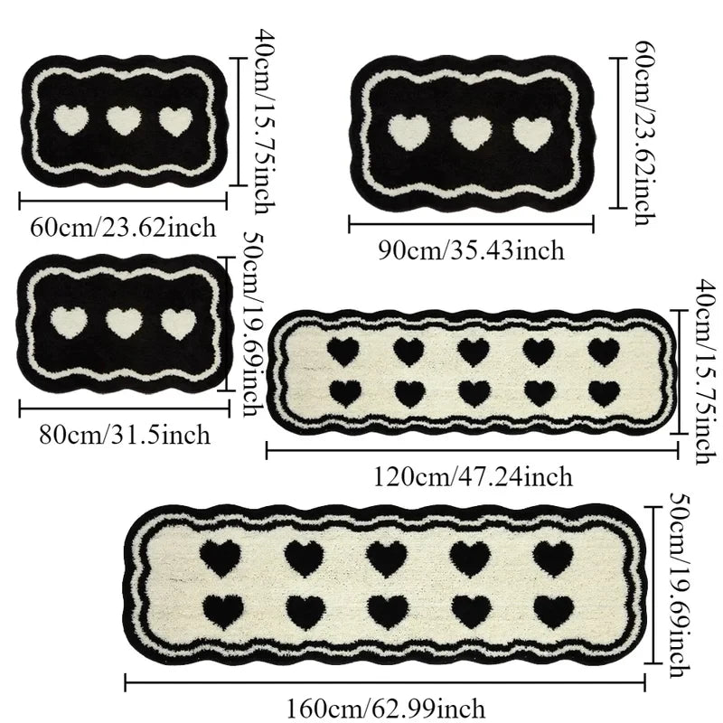 tapis sol moderne motif coeur noir blanc doux antidérapant chambre salon décoration maison