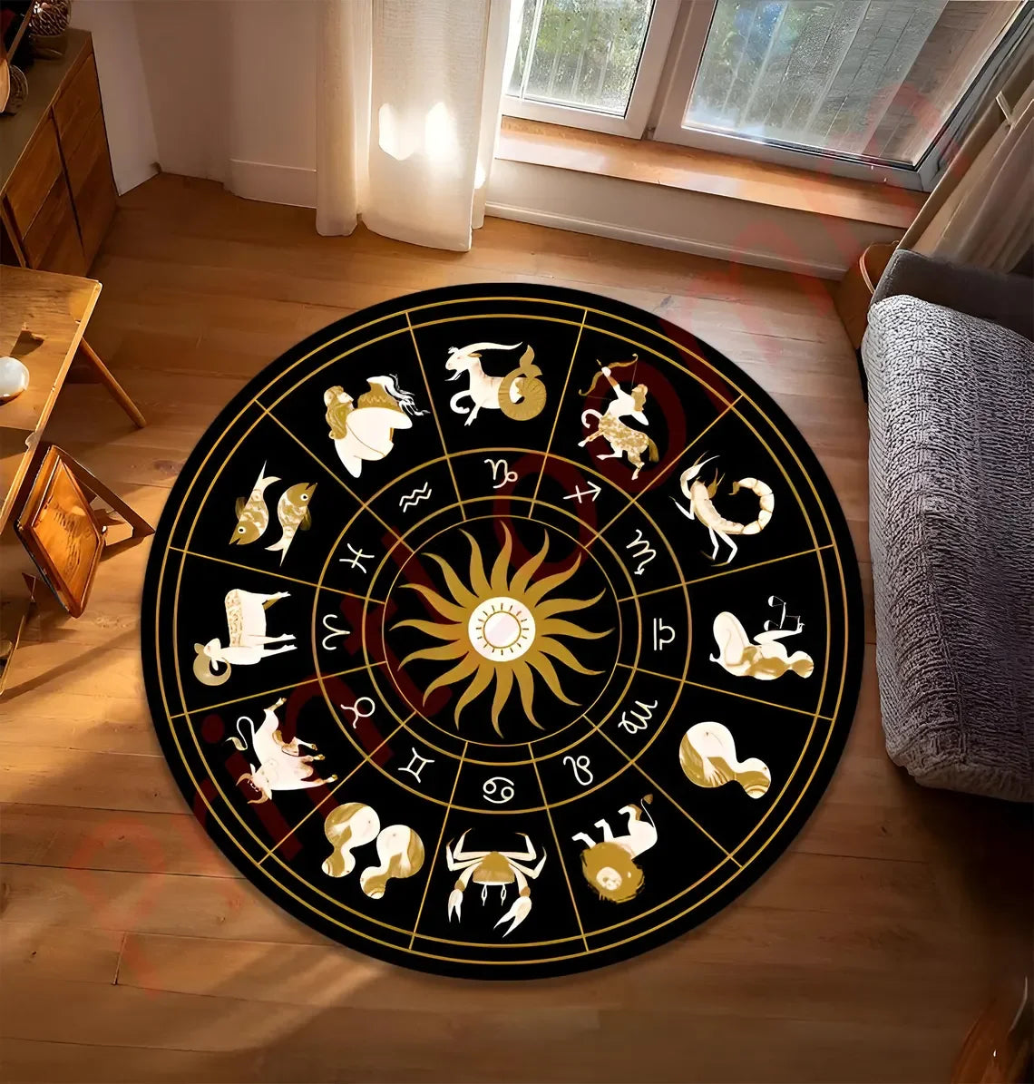 tapis rond pentagramme astrologique motifs floraux moderne noir rouge chambre salon