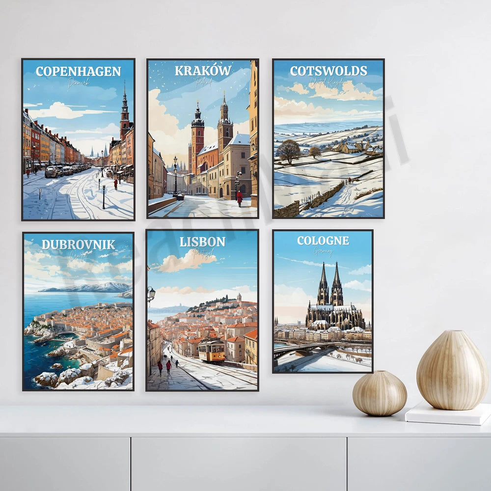 Ensemble de six affiches de voyage illustrant des destinations européennes populaires telles que Copenhague, Cracovie, les Cotswolds, Dubrovnik, Lisbonne et Cologne.