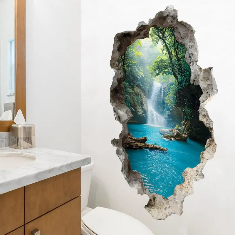 décoration murale paysage cascade forêt tropicale effet 3d moderne autocollant chambre bain
