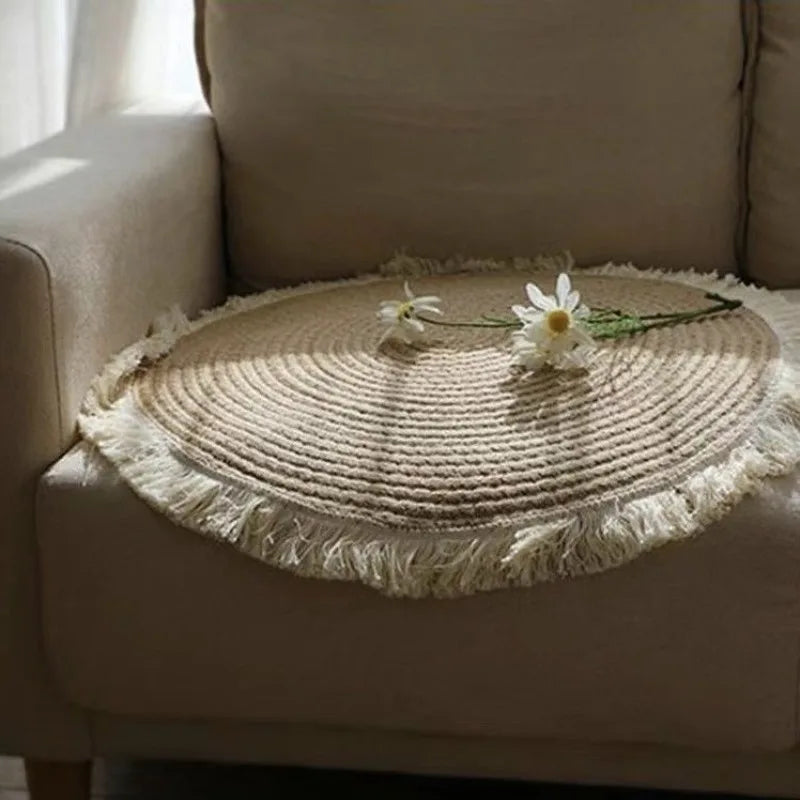 tapis boho rayures concentriques franges beige clair résistant rides anti bactéries utilisation salon chambre